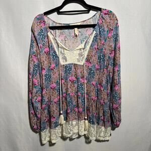 Matilda Jane Floral Peasant Top Tiered Lace‎ Prairie Boho Cottage Long Sleeve M